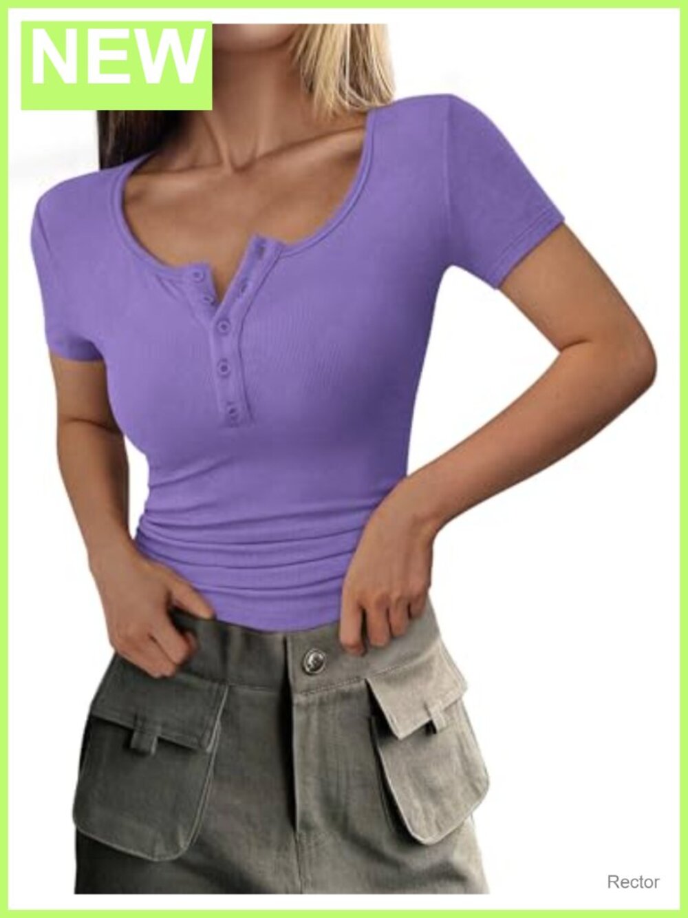Women's Summer Henley Tee Ribbed Knit Slim Fit Short Sleeve Button Up Top